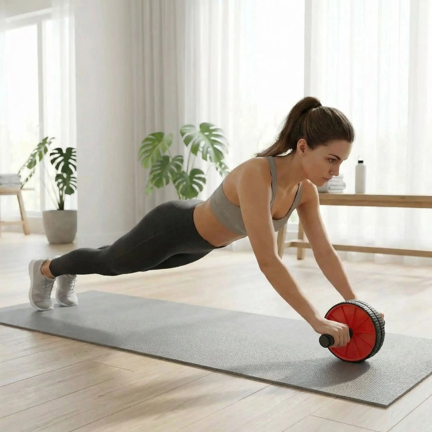 femme exercice abdo avec roulette abdominale