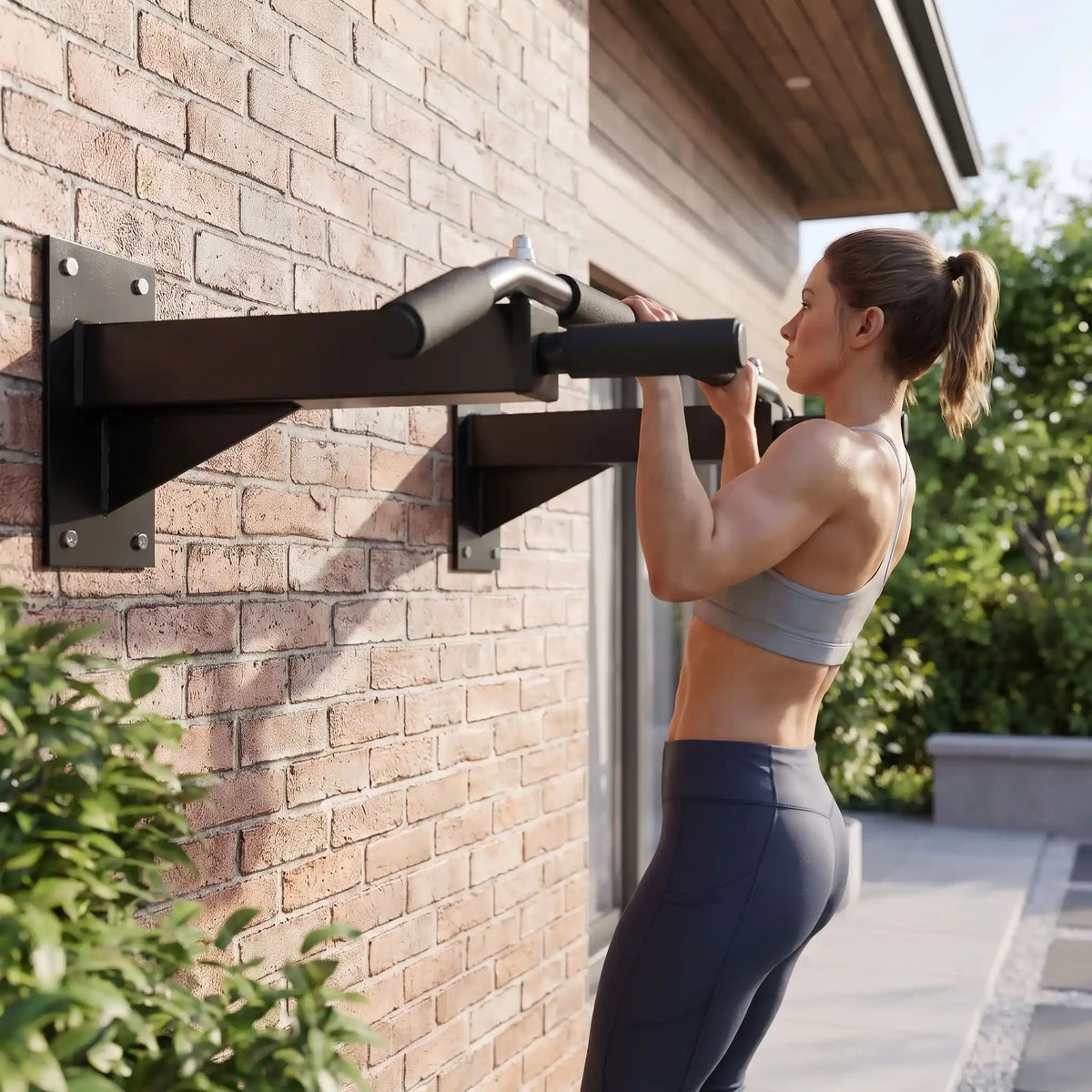 femme exercice traction sur barre de traction murale exterieur