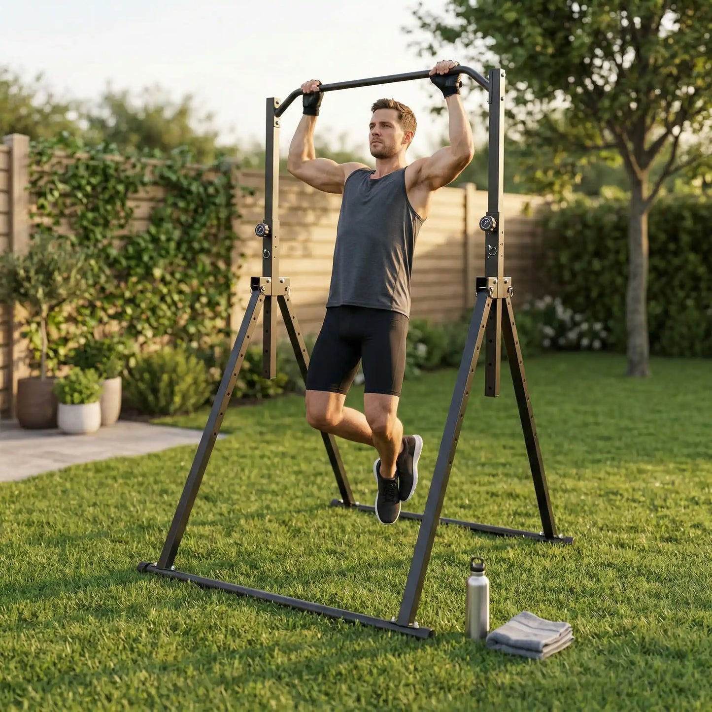homme faisant exercice sur barre de traction extérieur dans jardin