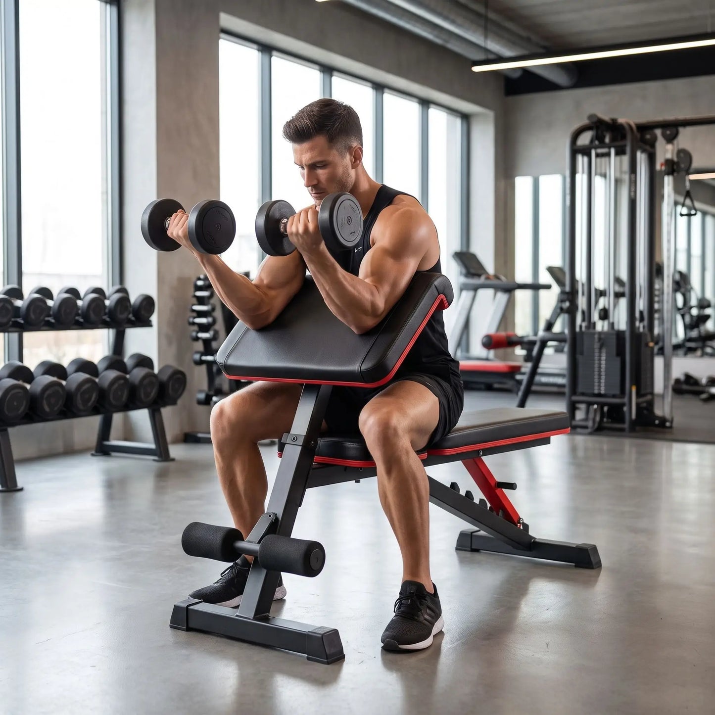 athlete exercice biceps sur banc de musculation

