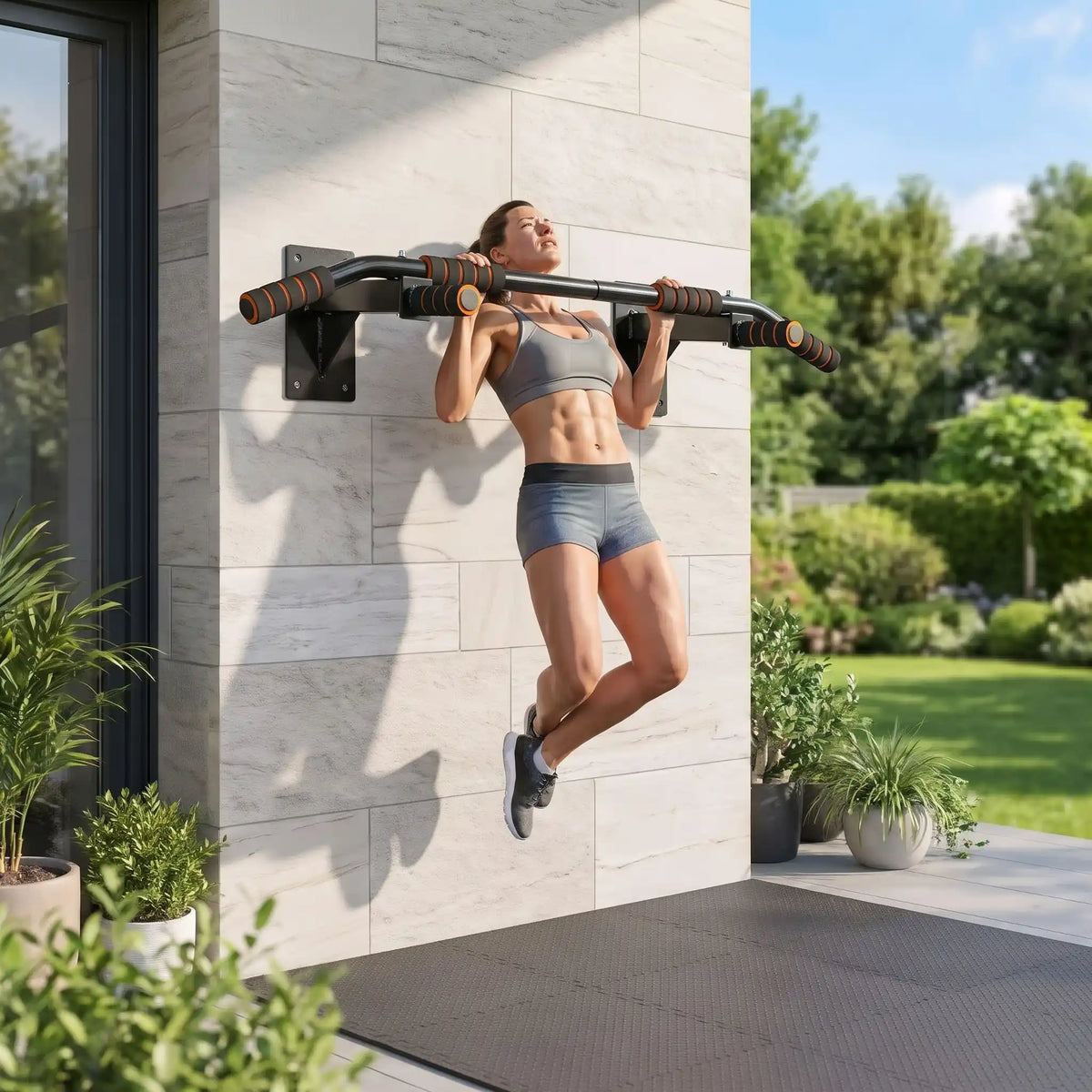 athlete exercice traction sur barre de traction murale exterieur