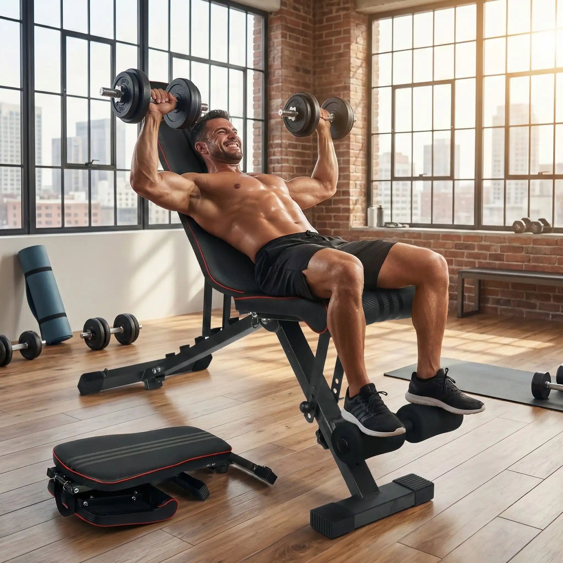 athlète fais exercice sur banc de musculation chez soi