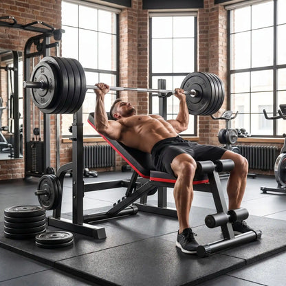 athlète souleve poids lourds sur banc de musculation