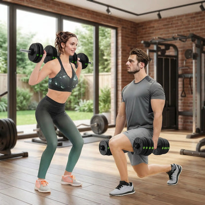 couple entraine squat et jambes avec haltere reglable