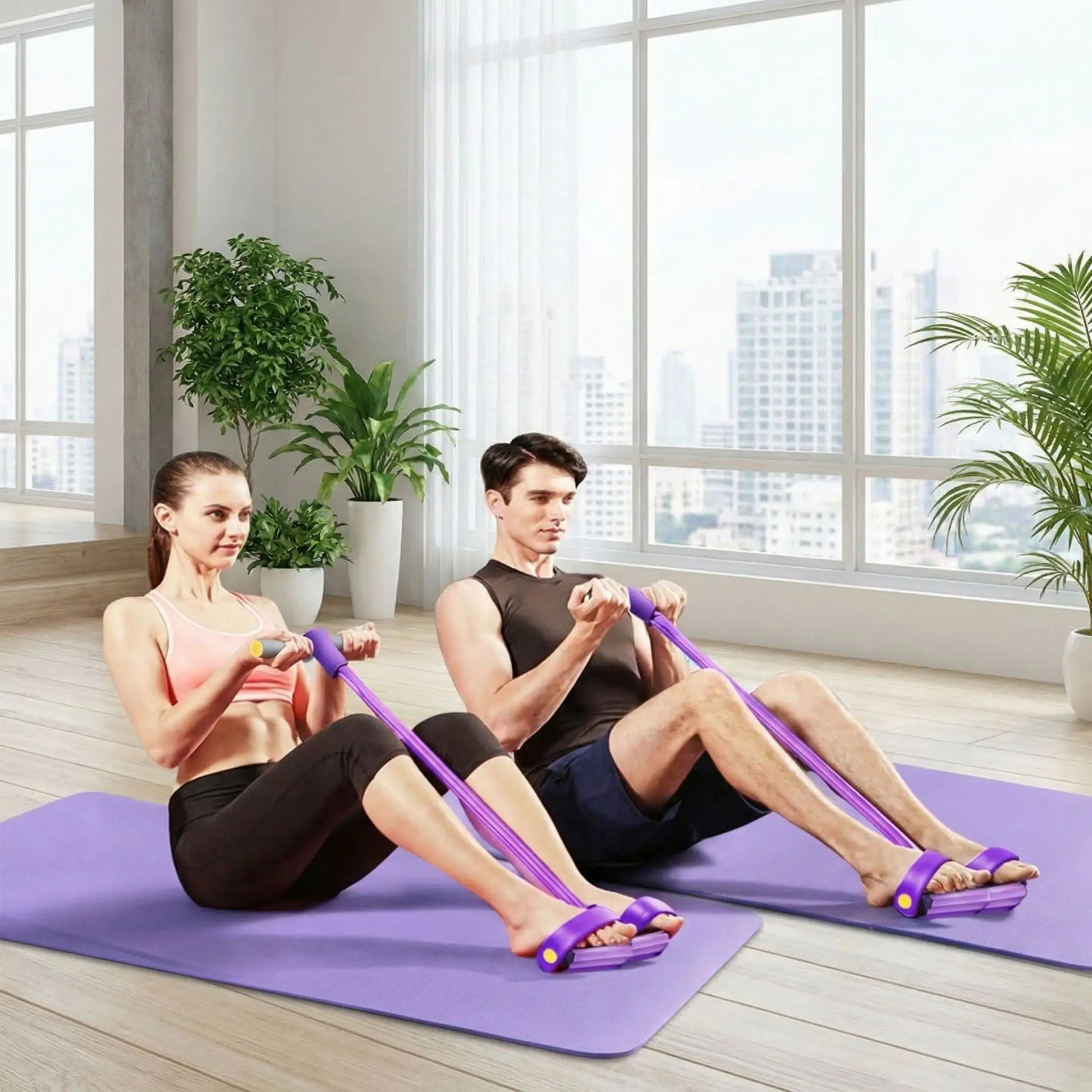 couple fais exercice biceps avec elastique de musculation