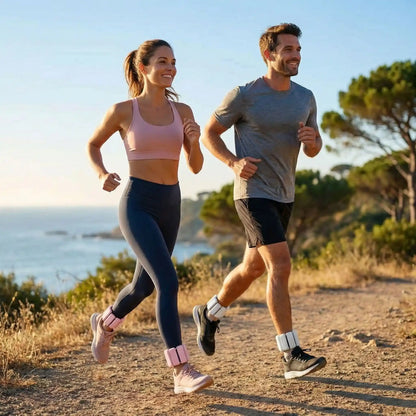 couple faisant course à pied portant poids cheville