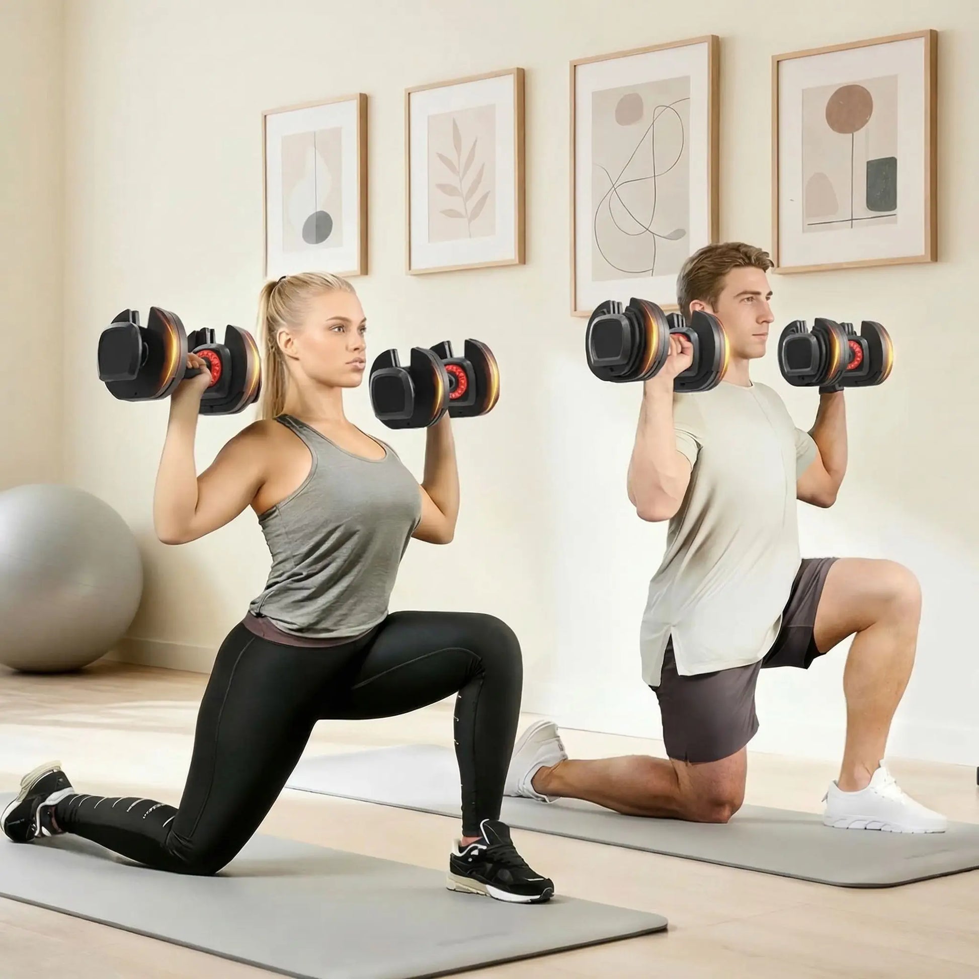 couple faisant exercice avec haltere reglable