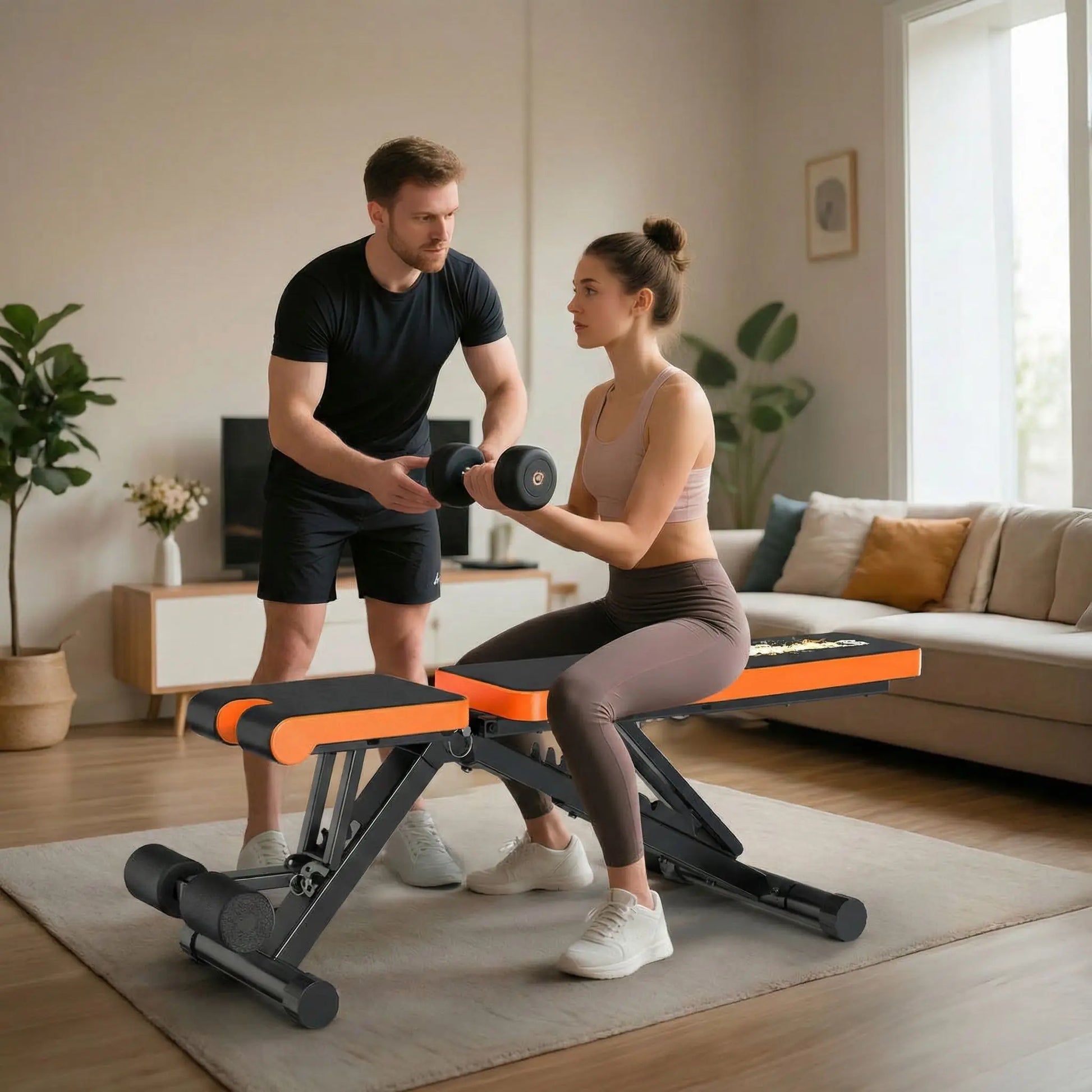 couple faisant exercices sur banc de musculation au salon