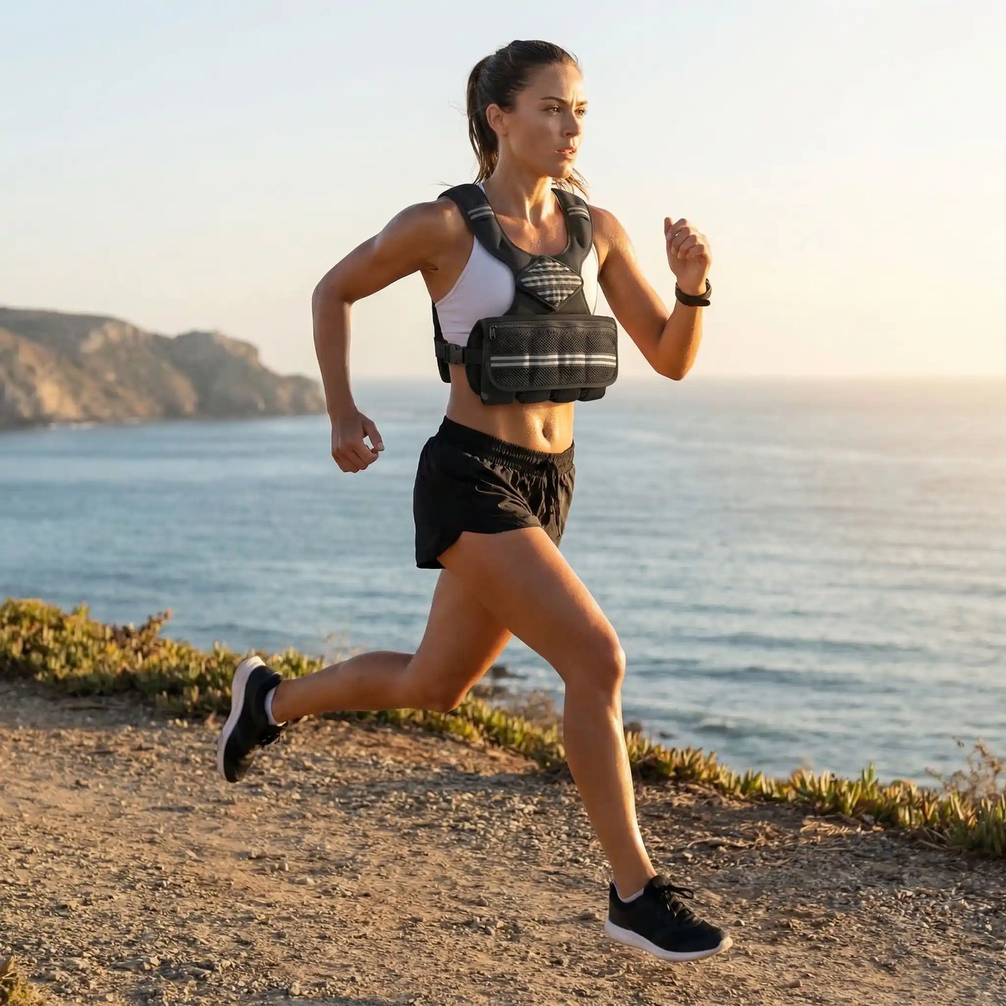 femme course à pieds avec gilet lesté