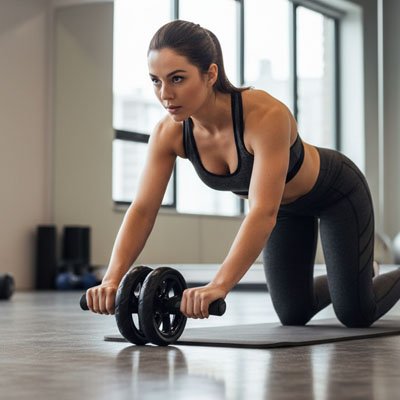 femme exercice abdos avec roue abdominale  à double roue