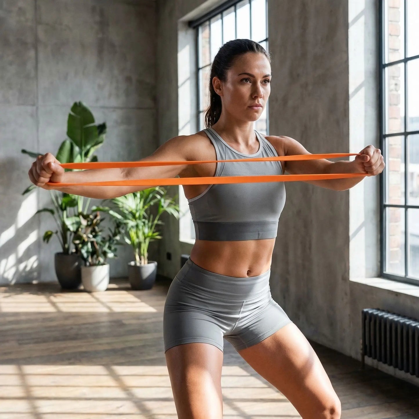 femme exercice bras avec elastiques musculation