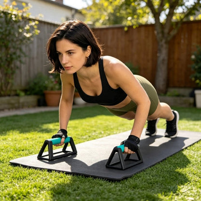 femme exercice dans jardin sur poignées à pompes