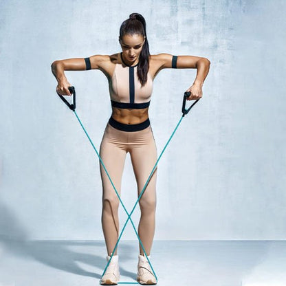 femme exercice épaules avec elastique musculation​ 