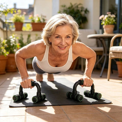 femme exercice pompes sur poignés à pompes