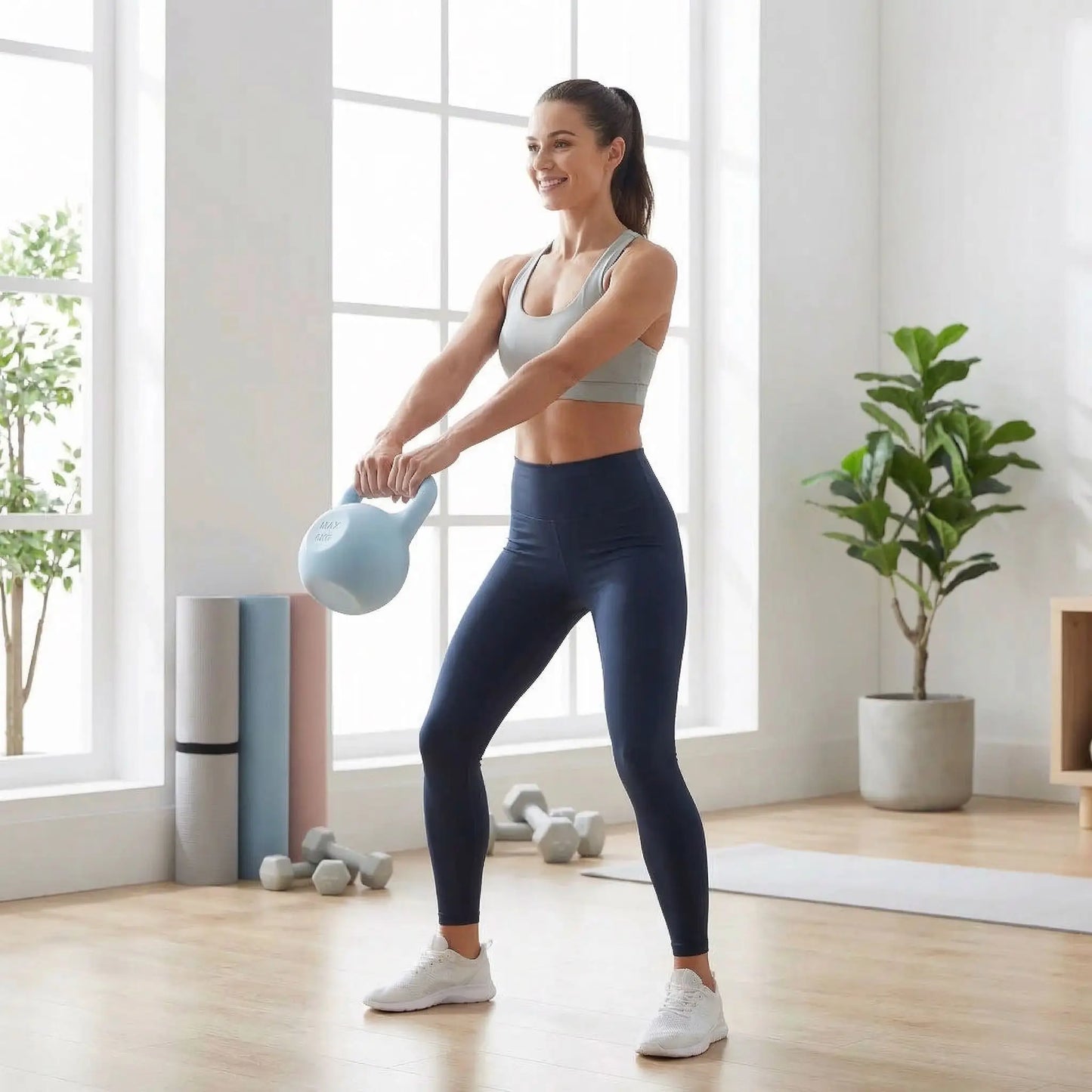 femme exercice swing Kettlebell bleu