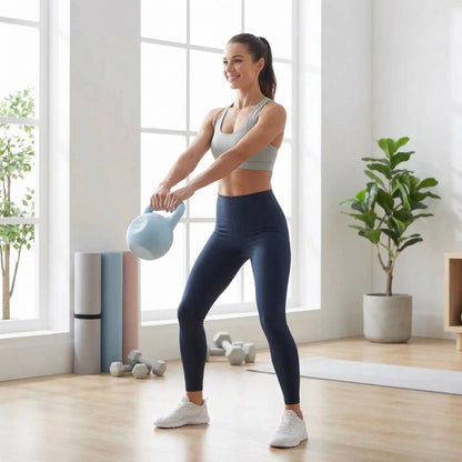 femme exercice swing Kettlebell bleu
