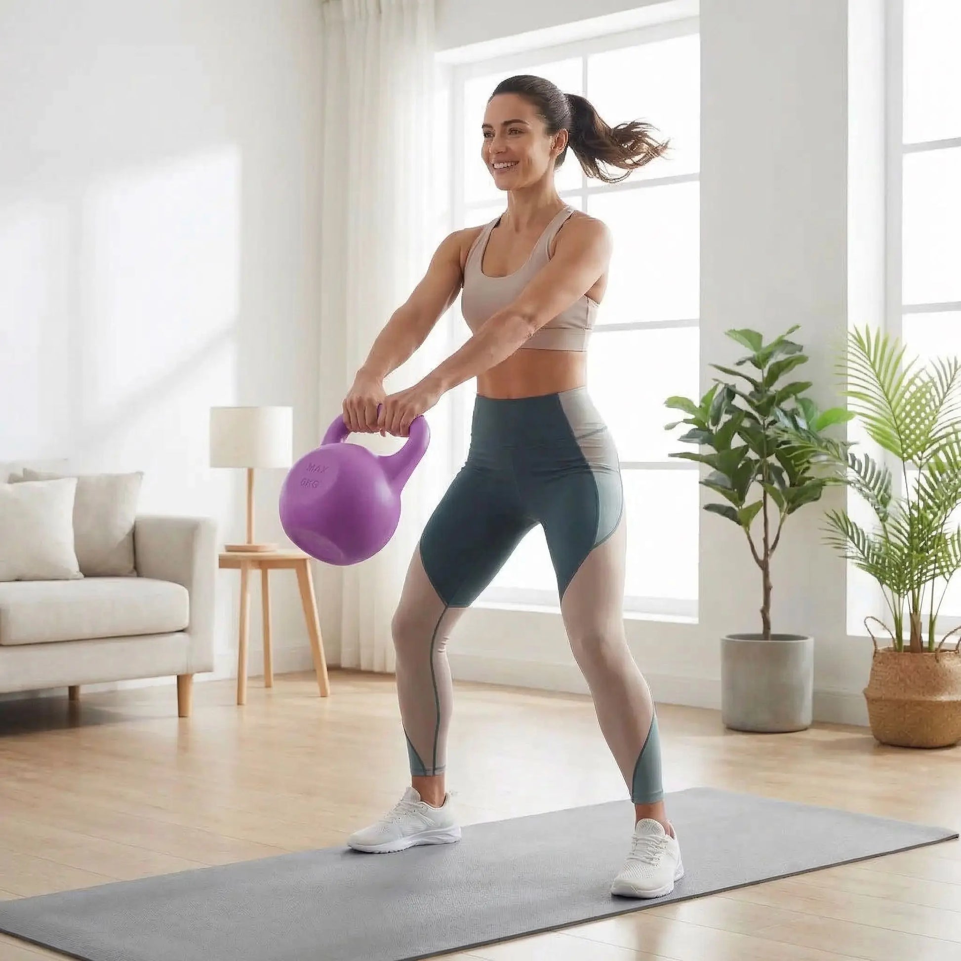 femme exercice swing Kettlebell violet