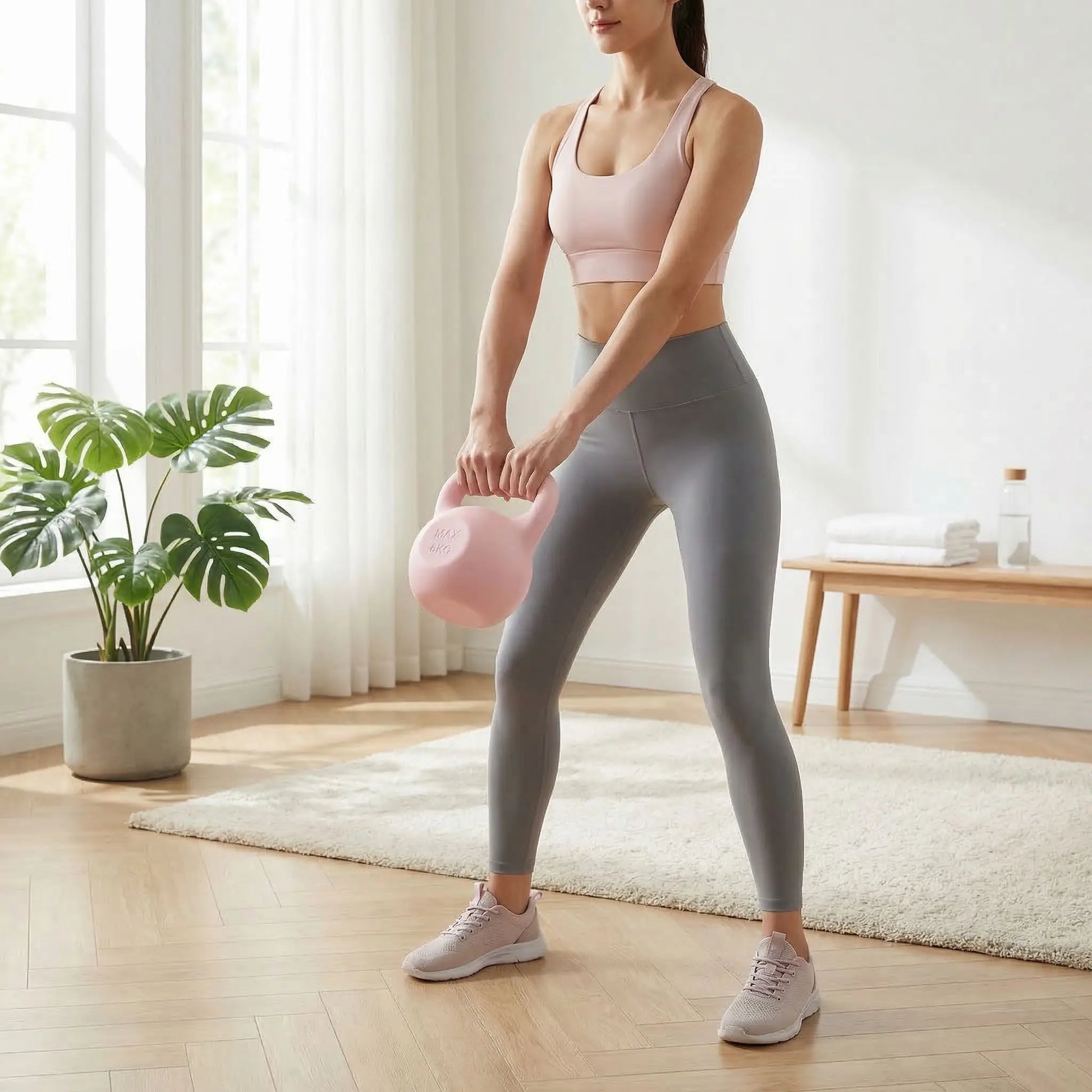 femme exercice swing avec Kettlebell rose