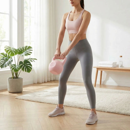 femme exercice swing avec Kettlebell rose