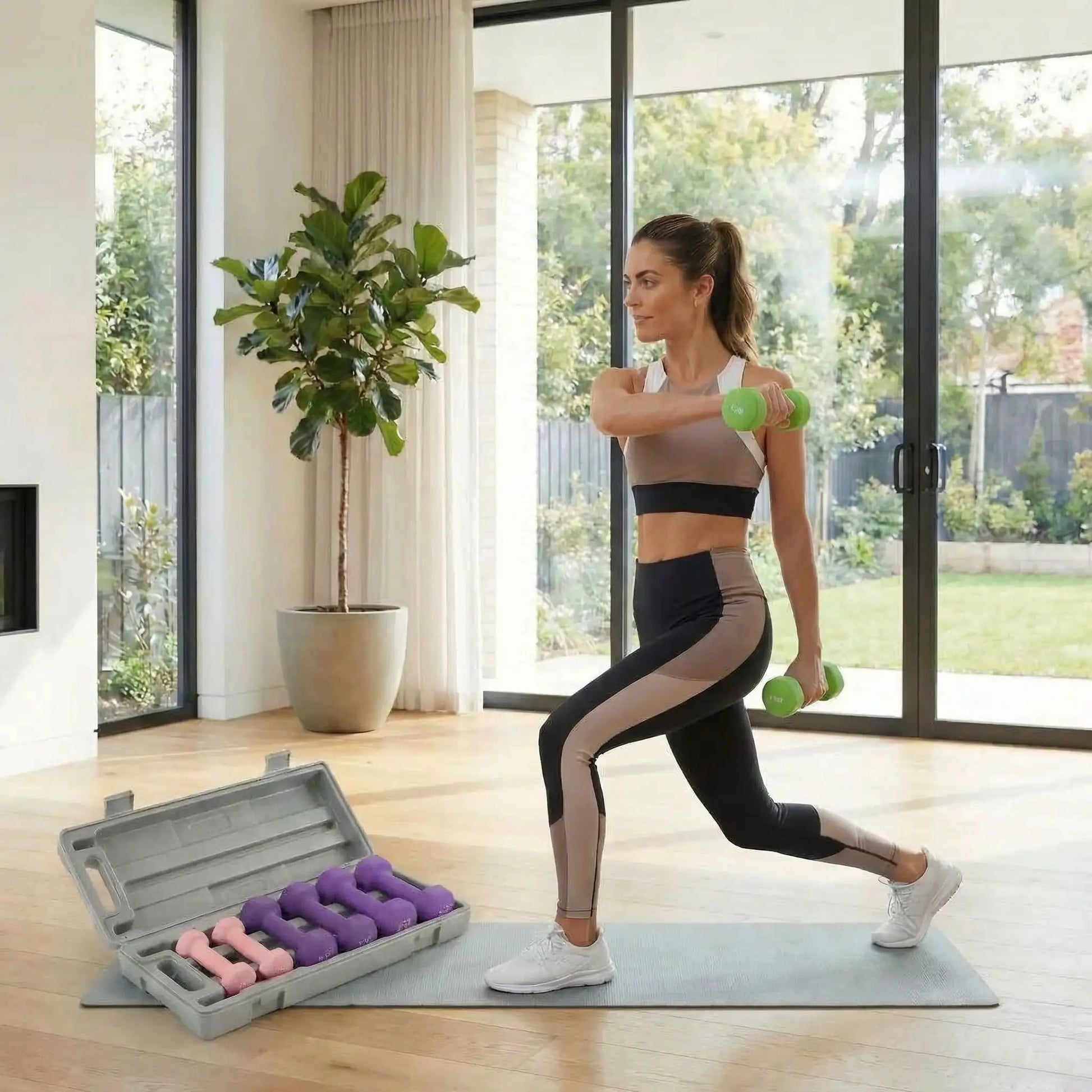 femme exercice utilisant haltere exagonal