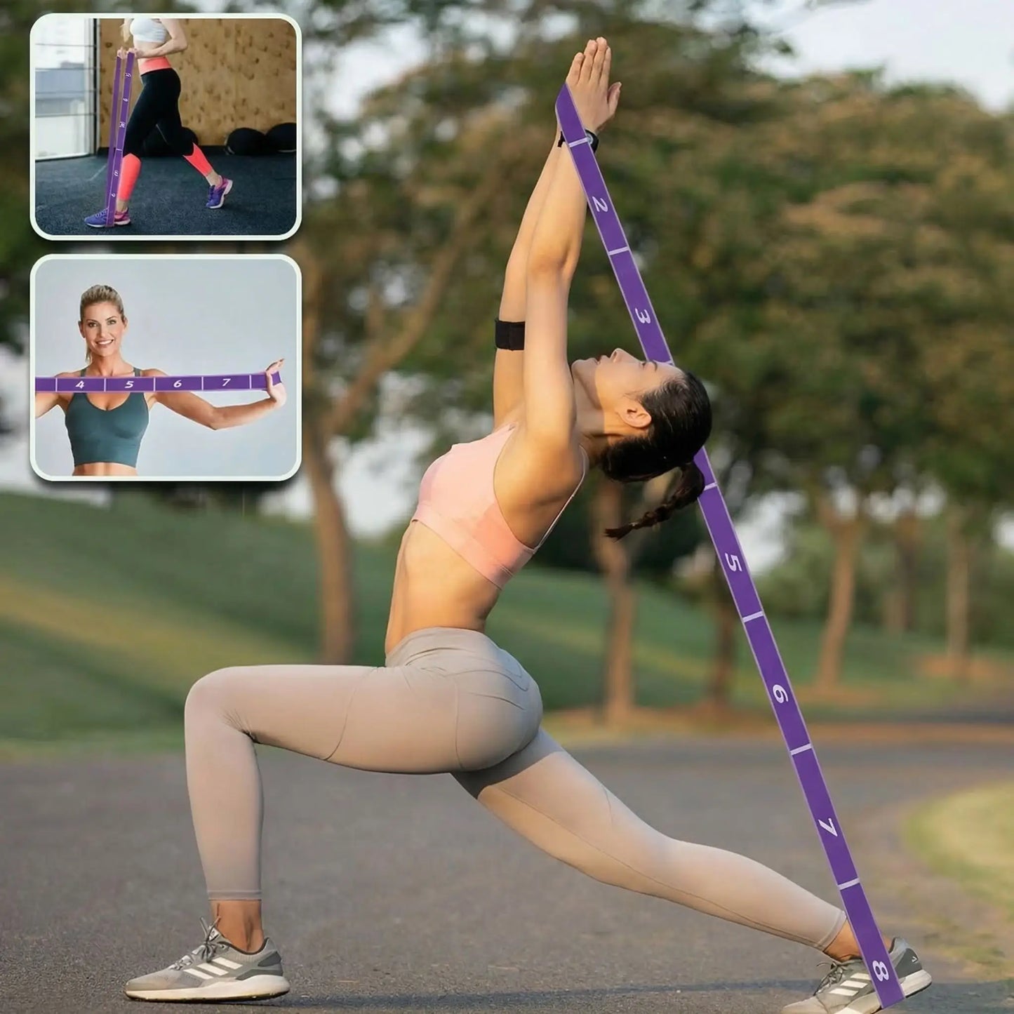 femme exercice yoga avec bande elastique violet