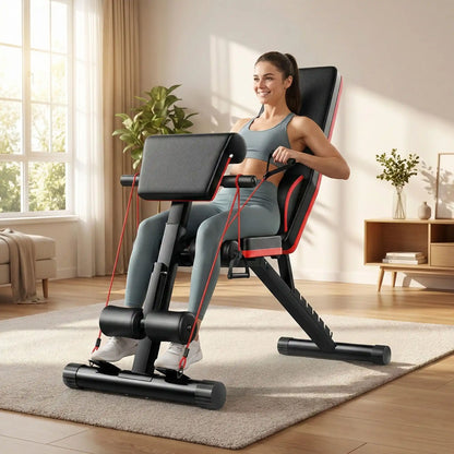 femme faisant sport sur banc de musculation dans son salon