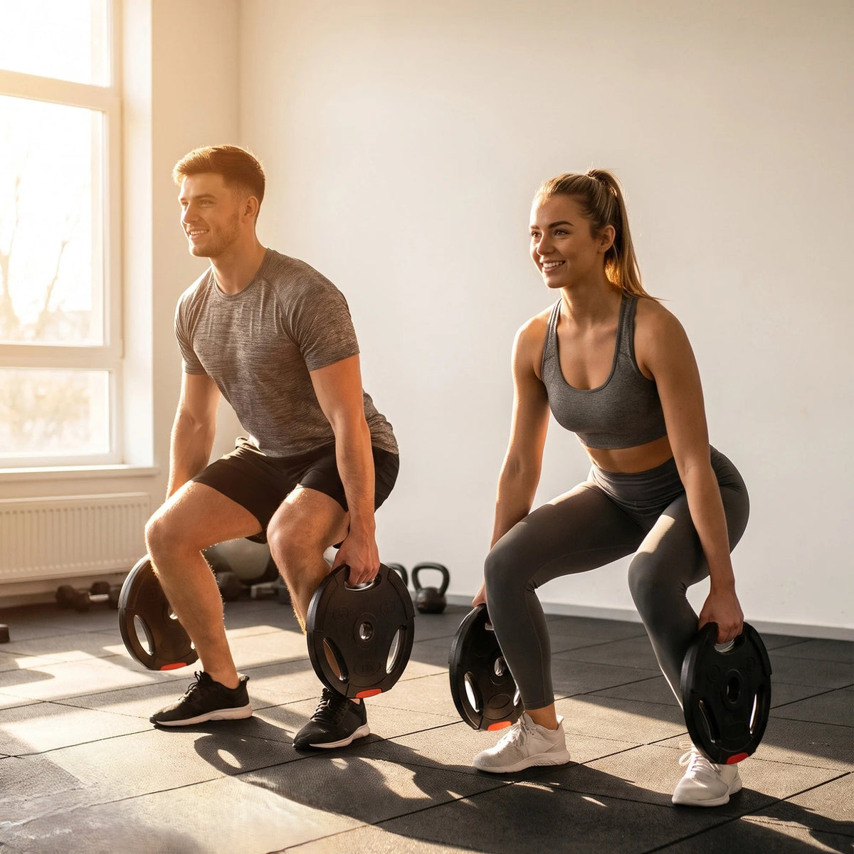 femme homme exercice squat avec disques de musculation