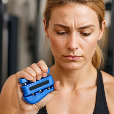 femme utilisant hand grip bleu