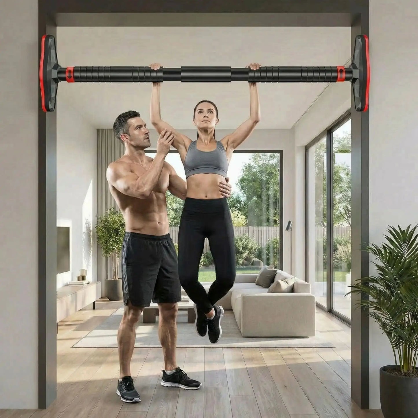 homme aide sa femme à faire exercice sur barre de traction