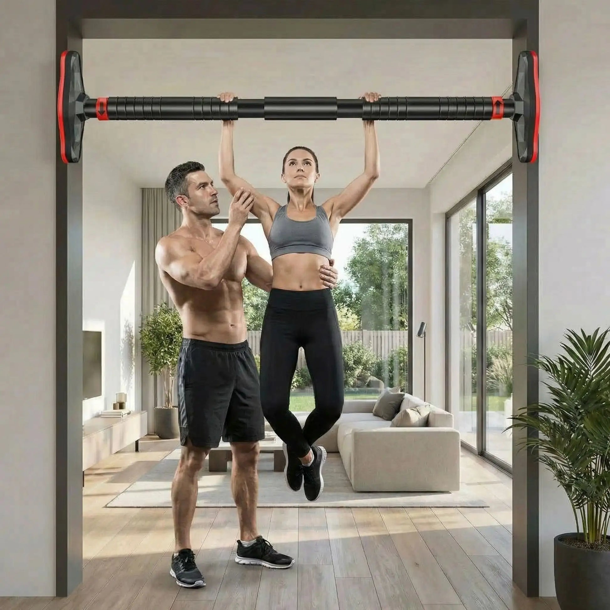 homme aide sa femme à faire exercice sur barre de traction