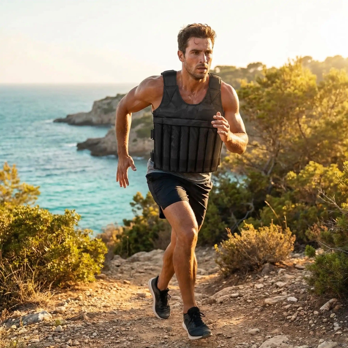 homme course à pied avec gilet lesté