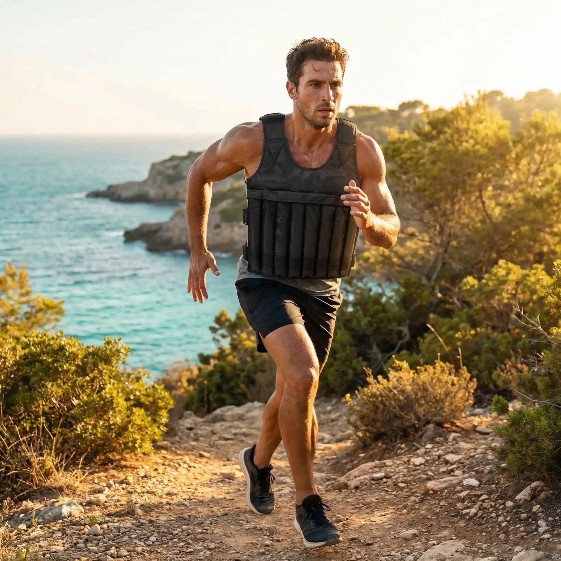 homme course à pied avec gilet lesté
