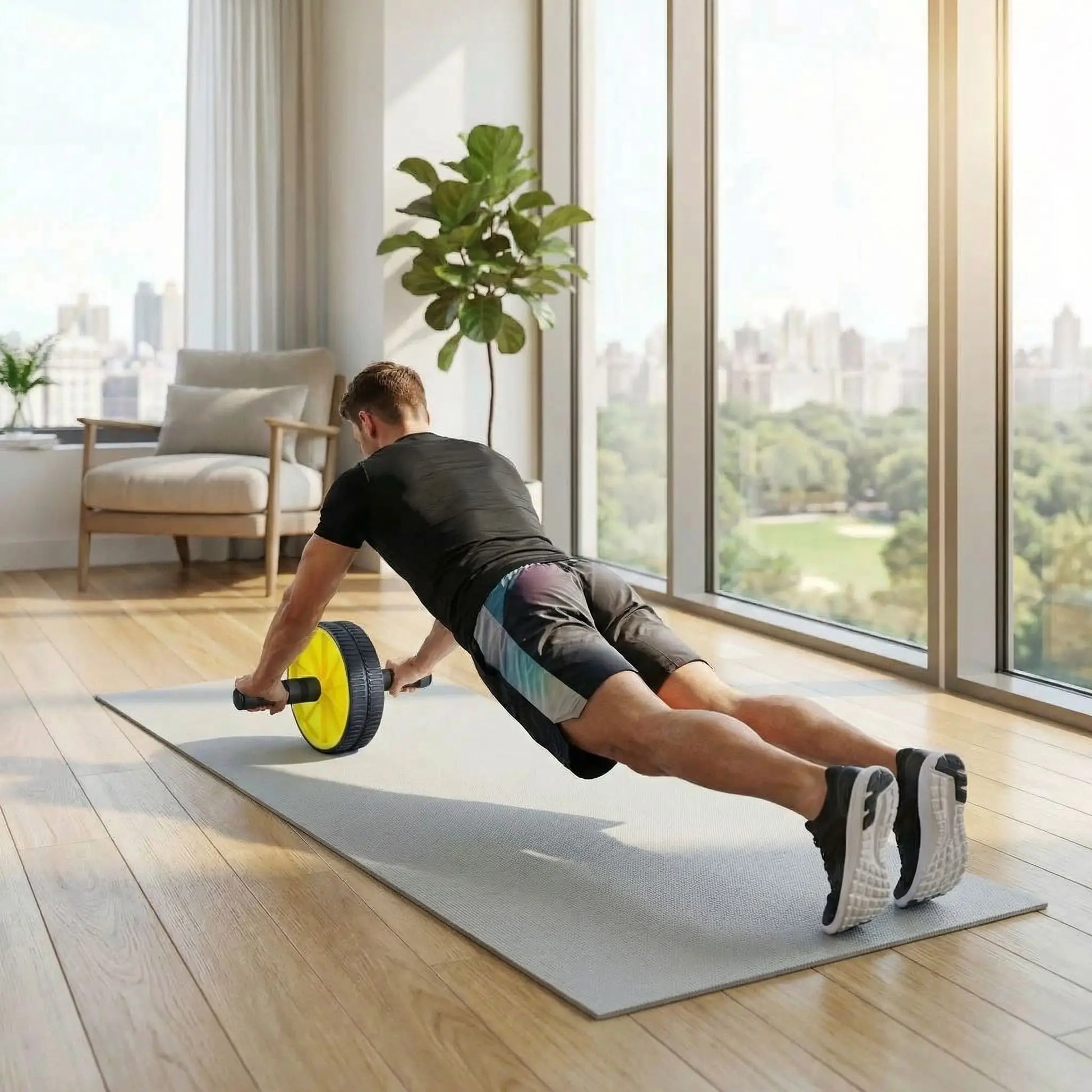 homme exercice abdo avec roulette abdominale