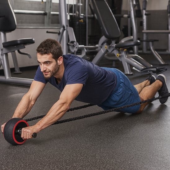 homme exercice abdominaux utilisant roue abdominale