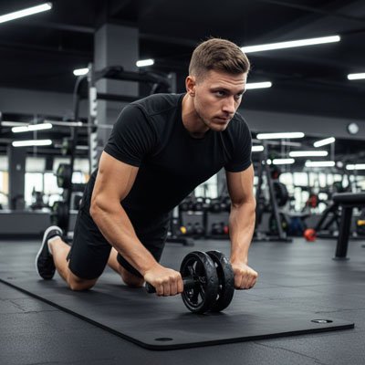 homme exercice abdos avec roue abdominale à double roue