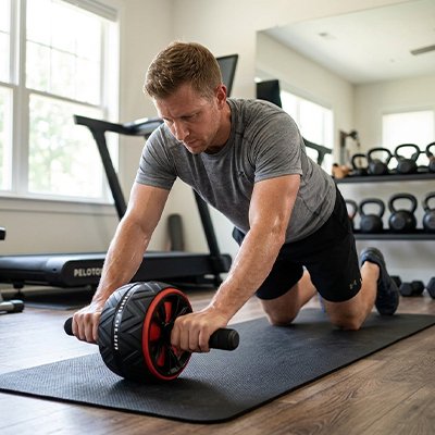 homme exercice abdos avec roulette abdominale 