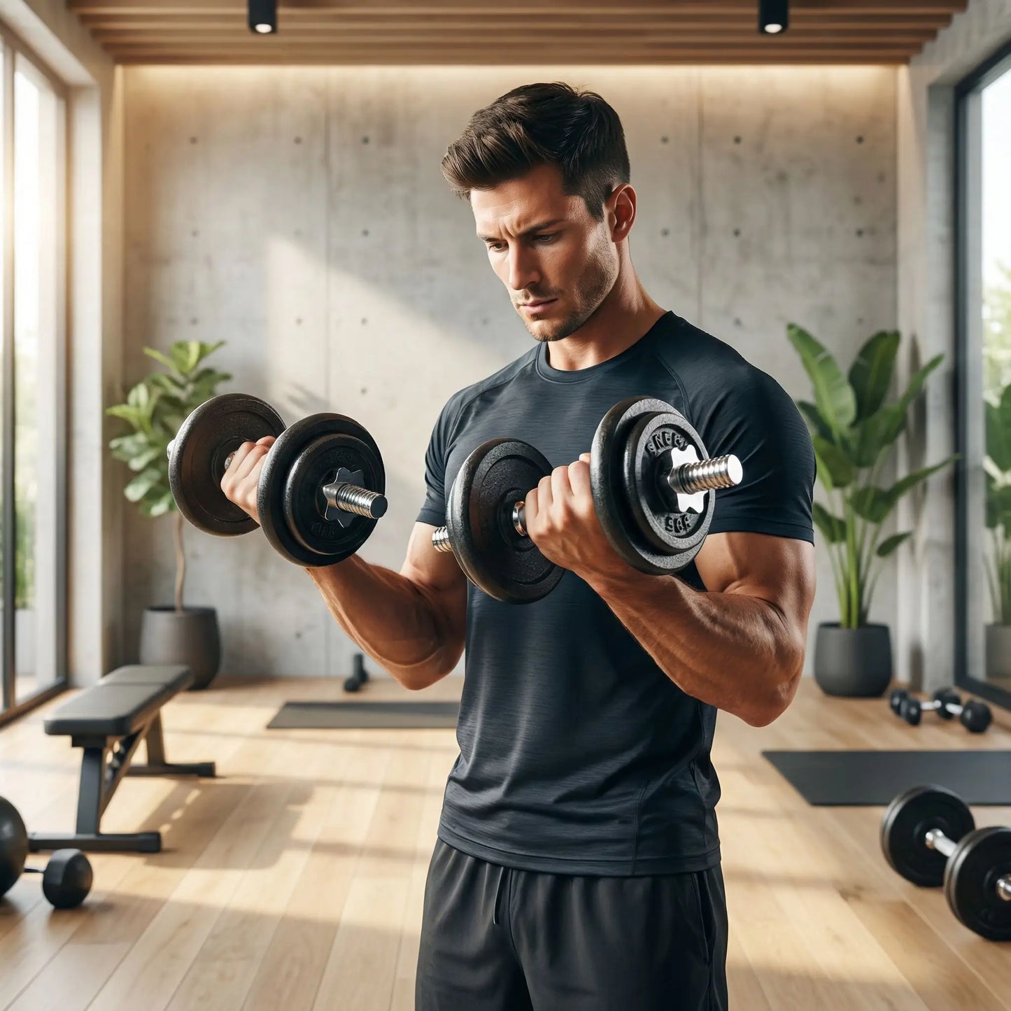 homme exercice biceps avec haltère