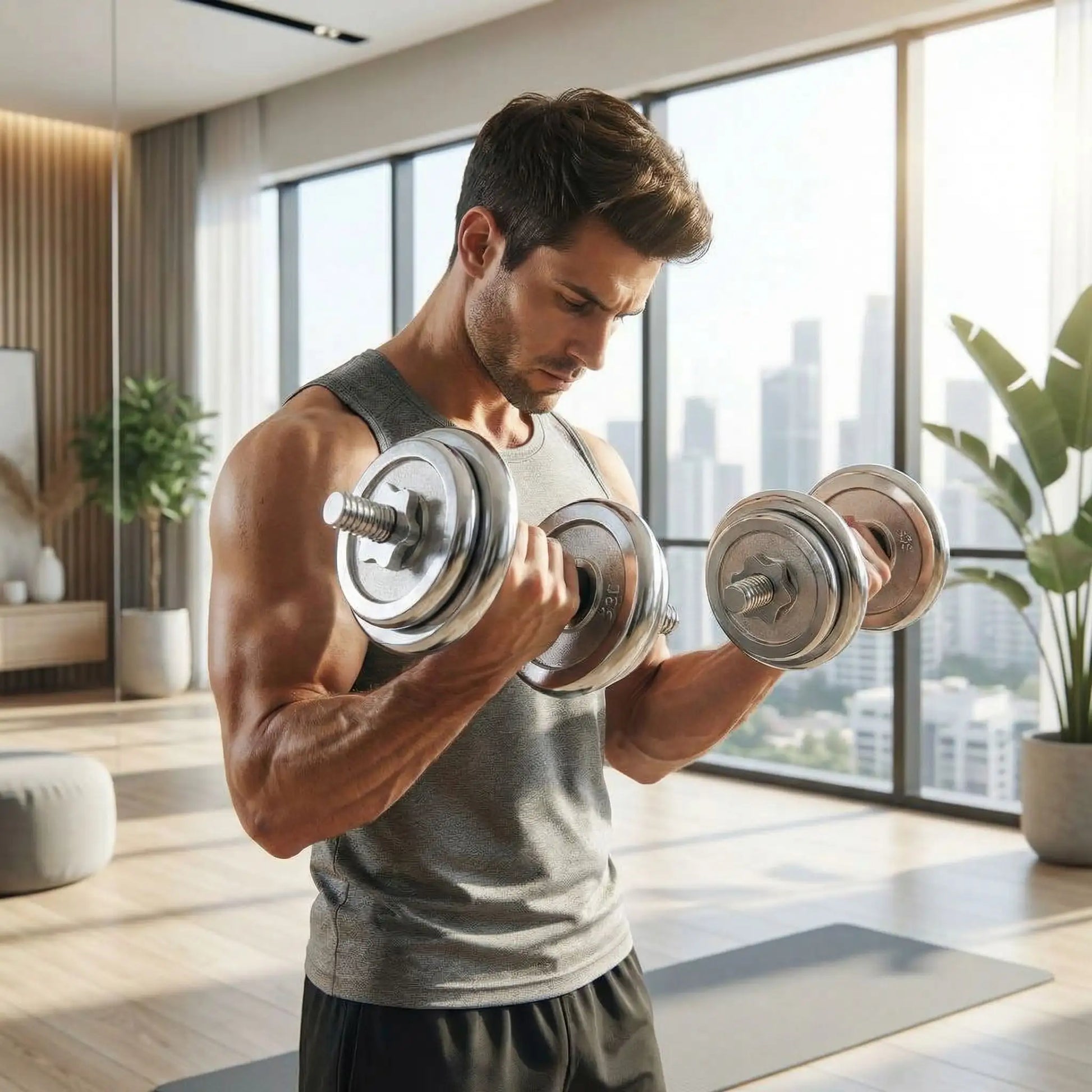 homme exercice biceps avec haltere
