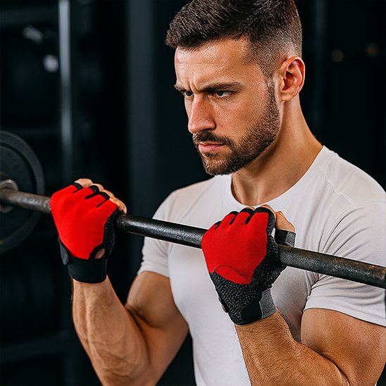homme exercice biceps portant gant musculation​
