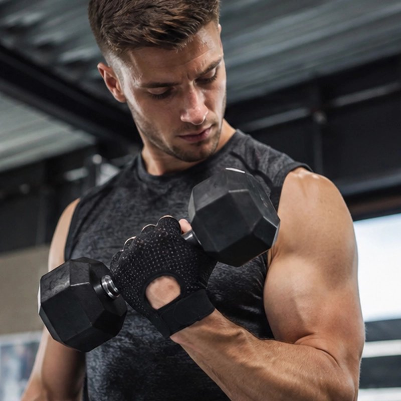 homme exercice biceps portant gants de musculation noir
