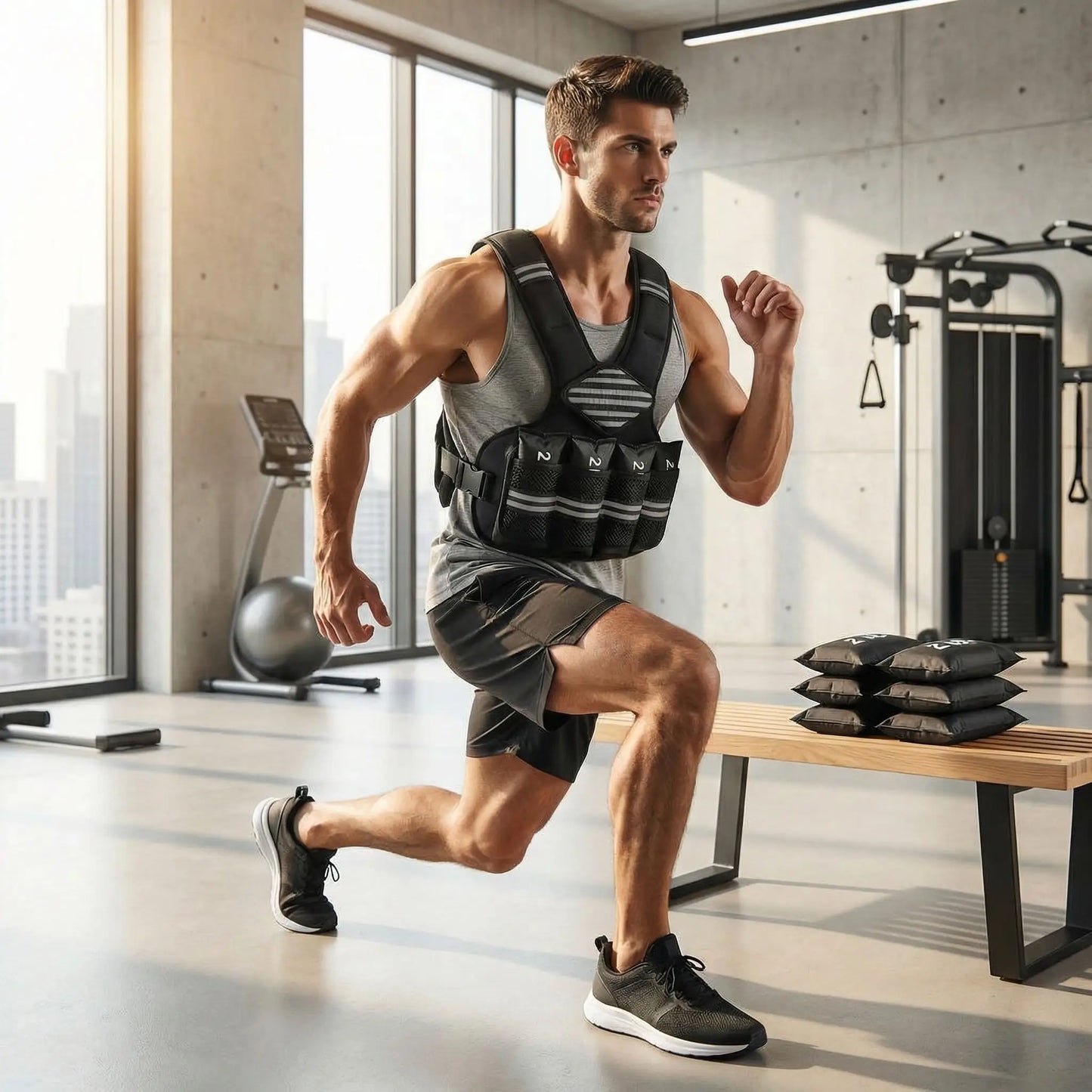 homme exercice jambes portant gilet leste