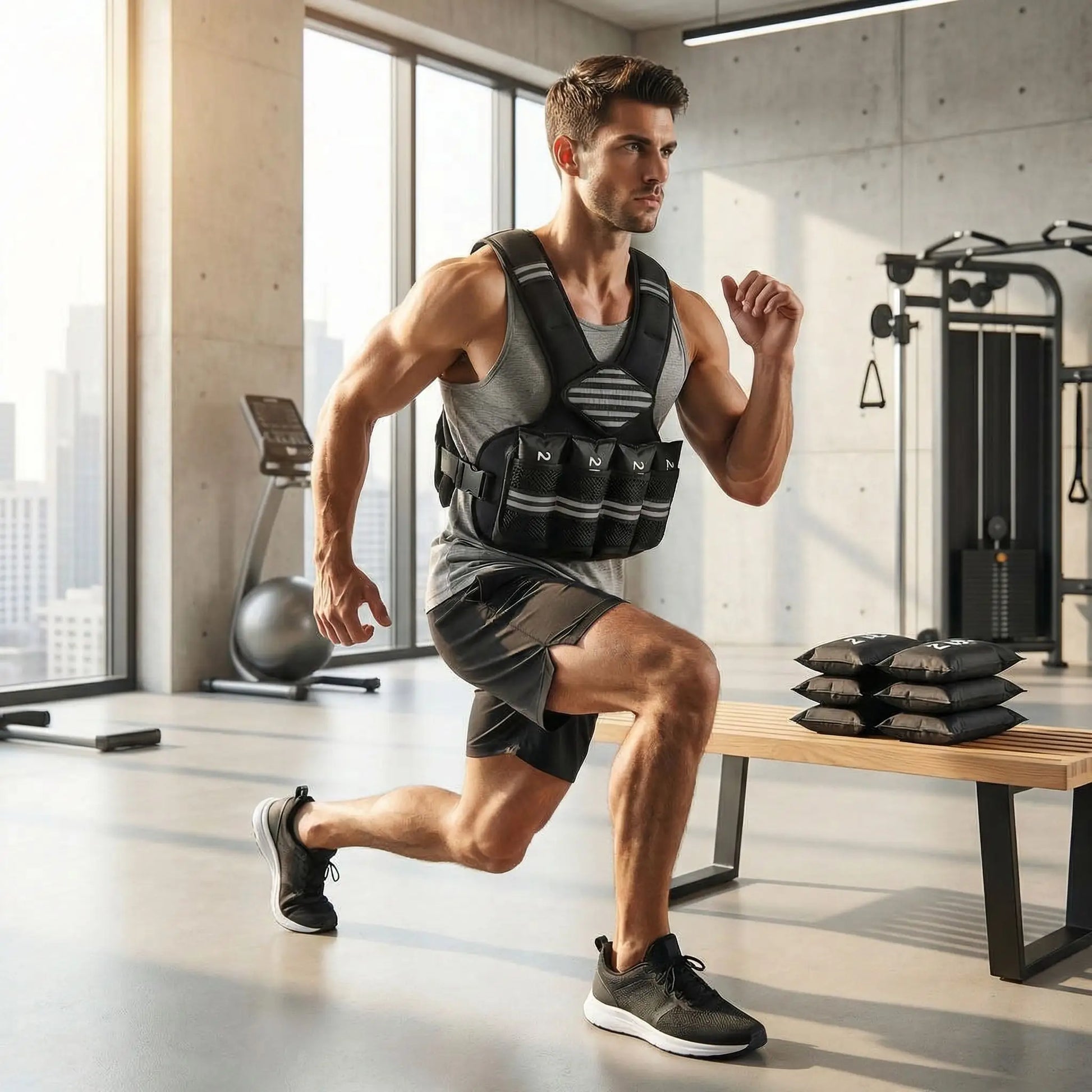 homme exercice jambes portant gilet leste