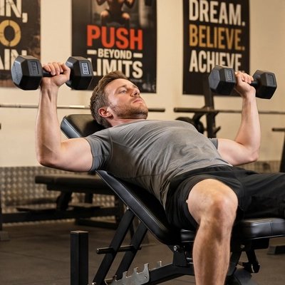 homme exercice pectoraux avec haltères