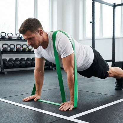 homme exercice pompe avec elastiques musculation