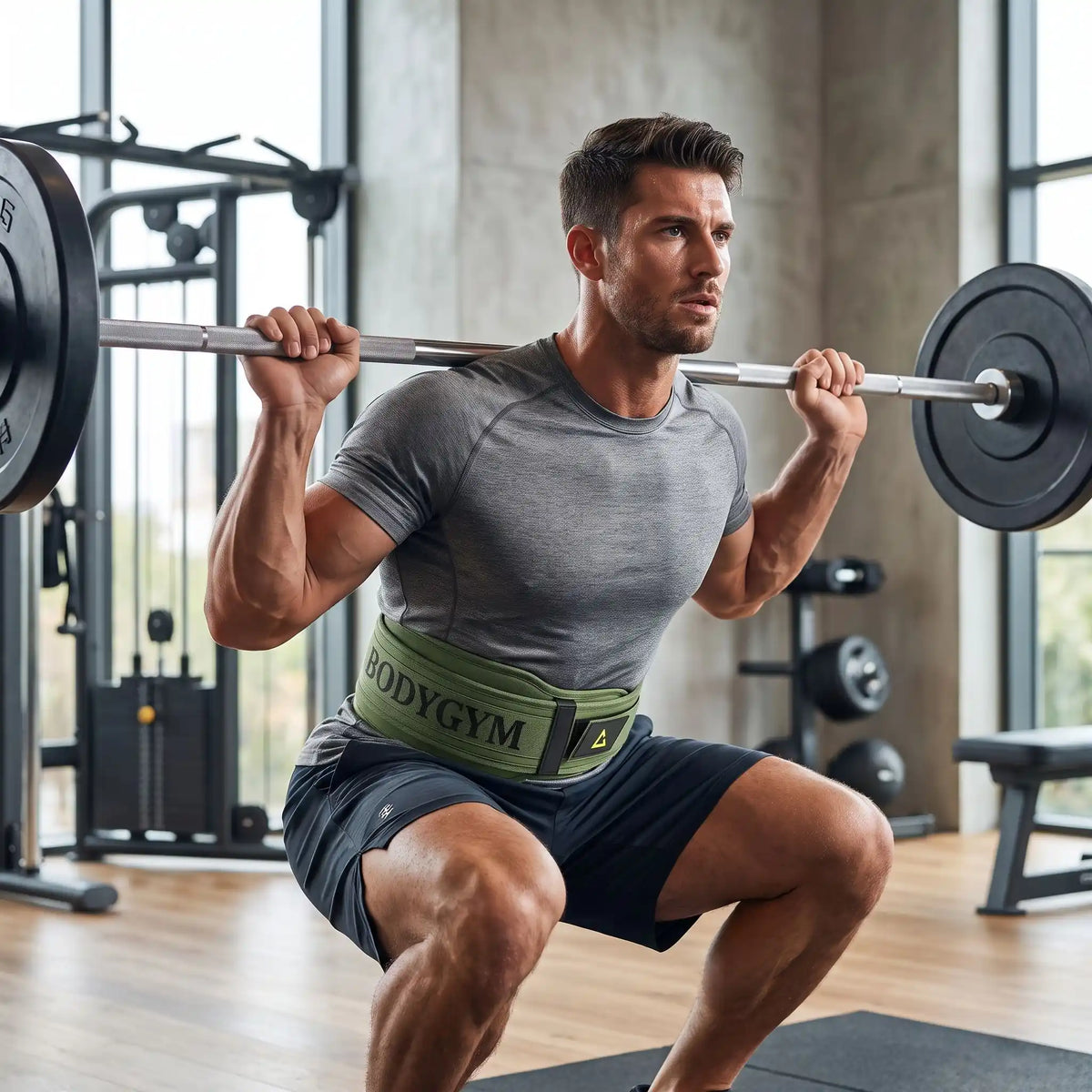 homme exercice squat avec ceinture de musculation  vert militaire