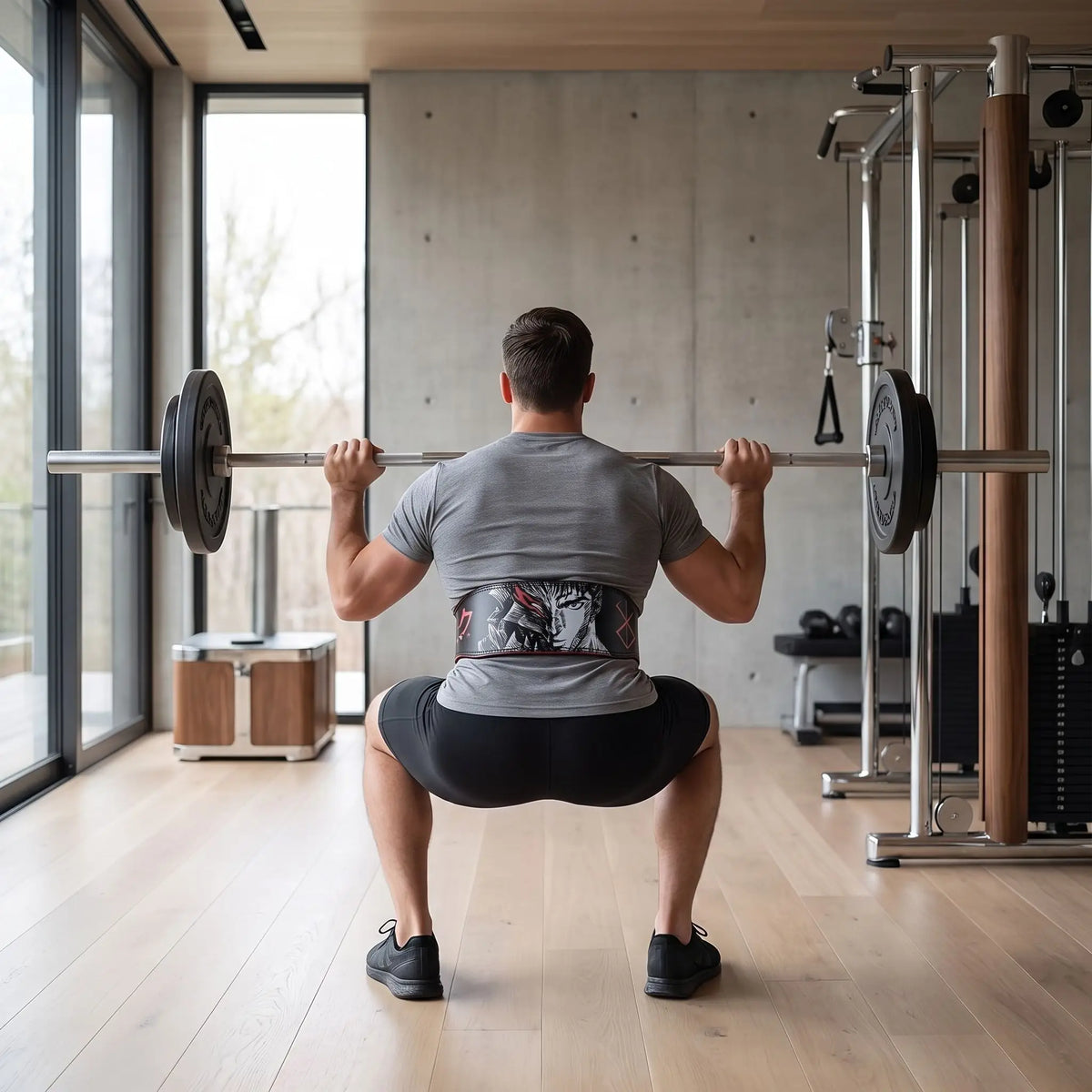 homme exercice squat portant ceinture de musculation noire