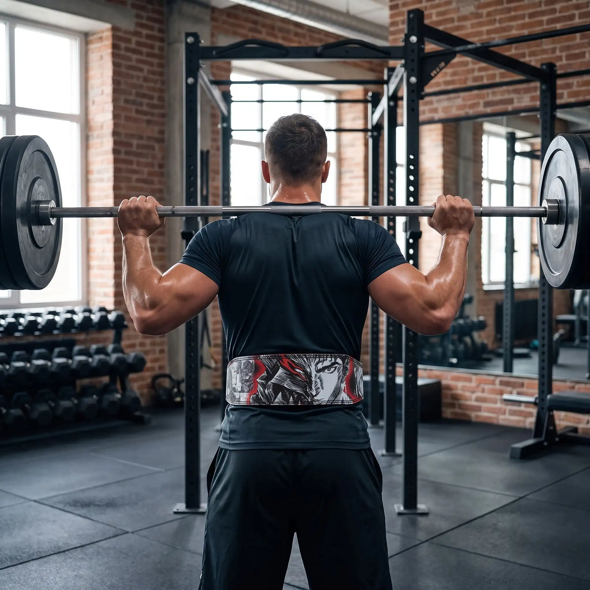 homme exercice squat portant ceinture de musculation rouge