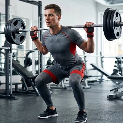 homme exercice squat portant gant de musculation
