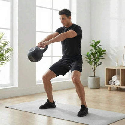homme exercice swing Kettlebell noire