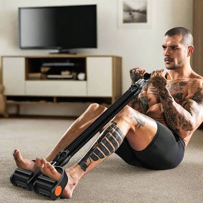 homme fais exercice biceps avec elastique musculation​